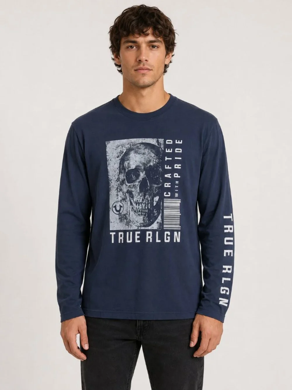 True Religion Navy Blue Skull Graphic Long Sleeve Crewneck Tee Shirt Size M